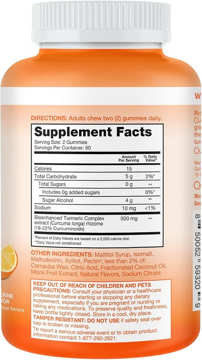 Qunol Zero Sugar Turmeric Gummies, Gummy with 500mg Turmeric Curcumin, Joint Support Supplement, Ultra High Absorption Tumeric Curcumin, Vegetarian, Gluten Free, 120 Count