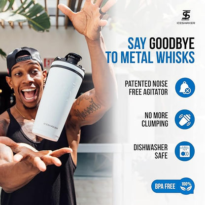 Ice Shaker Insulated Stainless Steel Shaker Bottle | 26oz, White | Cold for 30+ Hours | Insulated Cup with Twist-on Agitator | Odor-Free Shaker Cup for Protein Shakes, Water, Smoothies, Cocktails