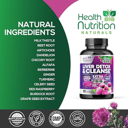 Gentle Liver Cleanse Detox & Repair Formula - Herbal Liver Support Supplement: Milk Thistle with Silymarin, Artichoke Extract, Dandelion, Beet, Chicory Root, & Turmeric for Liver Health - 60 Capsules