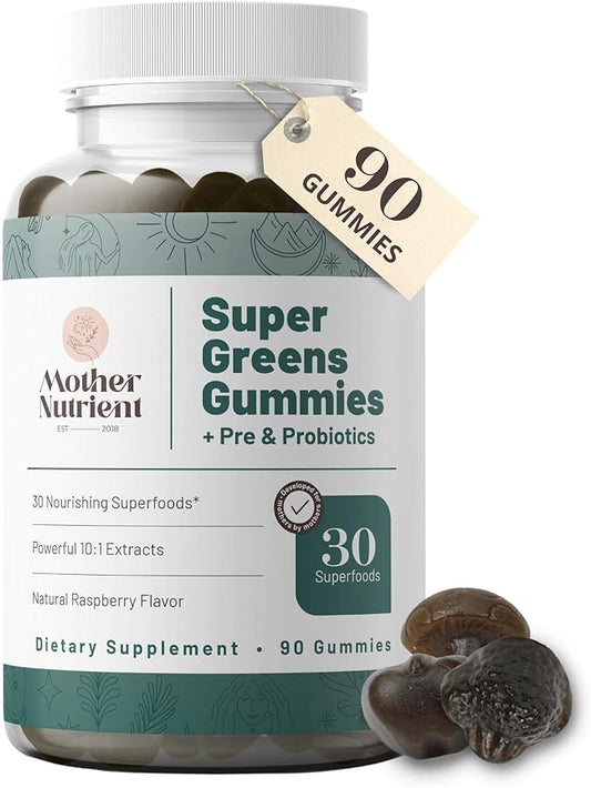 Mother Nutrient Super Greens Gummies for Women, Adults - with Prebiotics & Probiotics, Not 8, but 30 Powerful Greens Superfoods - Multivitamin Veggie Chewables (90 Gummies)