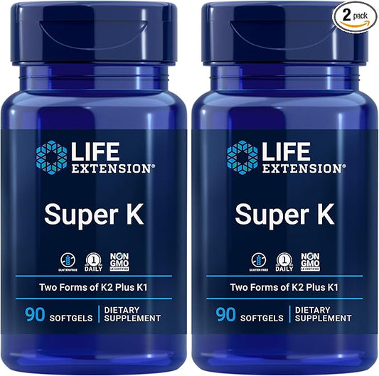 Life Extension Super K, Vitamin K1, Vitamin K2 mk-7, Vitamin K2 mk-4, Vitamin C, Bone/Heart/arterial Health, 3-Month Supply, Gluten-Free, 1 Daily, Non-GMO, 90 softgels (Pack of 2)