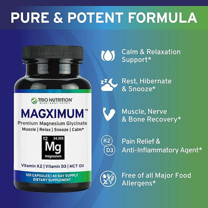 Trio Nutrition MagX Magnesium Glycinate, Vitamin D3, Vitamin K2 & MCT Oil | Chelated Magnesium Supplement | Calm, Relaxation & Recovery | Be Well Rested & Start Your Day with Magximum