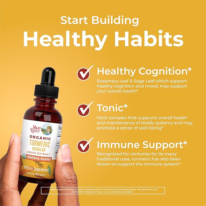 USDA Organic Turmeric Gold Liquid Drops by MaryRuth's | Herbal Blend | Turmeric Curcumin | Black Pepper | Cassia Cinnamon Bark | Ginger Root | Immune Support | Non-GMO Project Verified | Vegan | 1oz