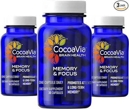 CocoaVia Memory & Focus Brain Supplement, 90 Day, Cocoa Flavanol Blend, Lutein, Added Caffeine for Boost. Improve Cognitive Function, Attention, Vegan & Plant Based, 90 Capsules