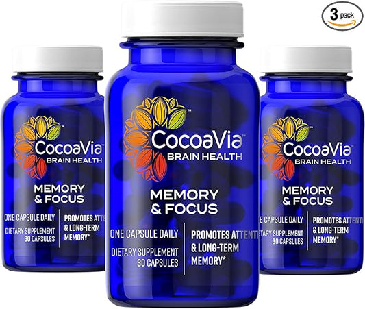 CocoaVia Memory & Focus Brain Supplement, 90 Day, Cocoa Flavanol Blend, Lutein, Added Caffeine for Boost. Improve Cognitive Function, Attention, Vegan & Plant Based, 90 Capsules