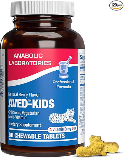 Vitamins for Kids Multivitamin with Iron - 120 Chewable Tiger Tablets with Vitamins A, B-Complex, C, D, E, Iron, Calcium, Magnesium, Zinc, and More - Natural Berry Flavor - AVED Kids