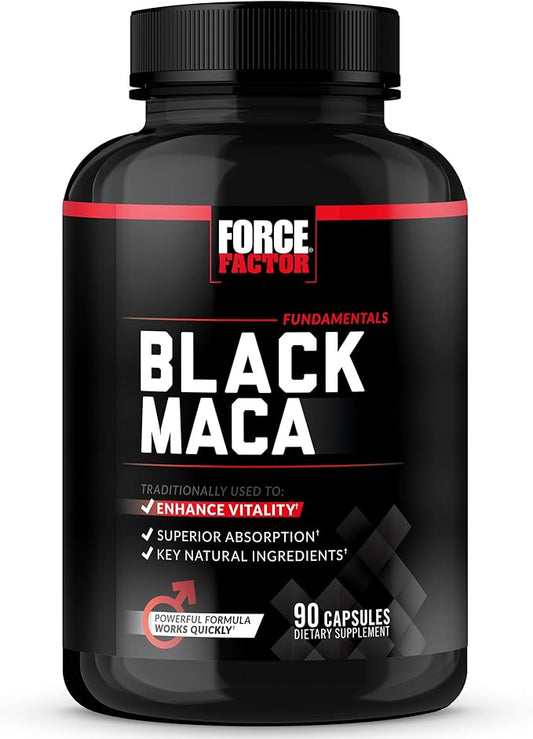 FORCE FACTOR Black Maca Root 1000mg, Vitality Supplement for Men with Black Pepper Extract for Absorption, Natural Maca Negra Extract, 90 Capsules