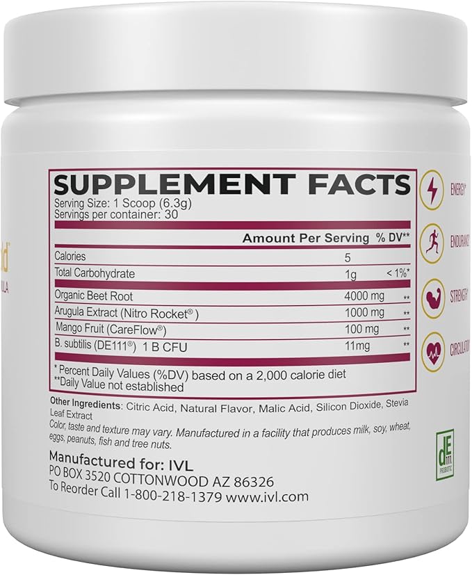 IVL - CircuMax Gold - Nitric Oxide Supplement Powder Boost - Organic Beets - Beetroot Powder Supplement - Careflow Mango Powder and Nitro Rocket - Workout Energy Level (6.70 oz - 30 Servings)