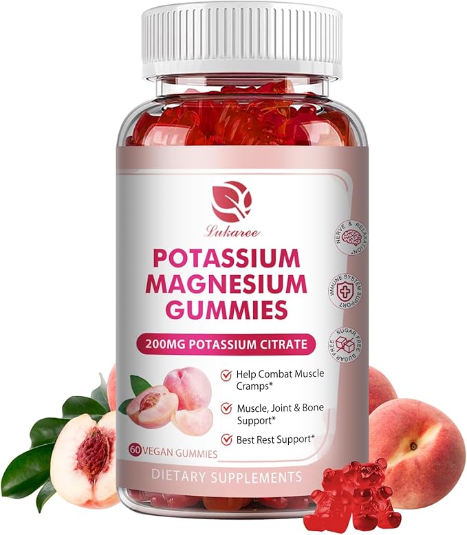 Potassium Magnesium Gummies - High Absorption Magnesium Glycinate 500mg & Potassium Citrate 200mg Plus Omega 3, B6, D3, K2 & Calcium - Chewable Gummy for Leg Cramps, Immunity & Energy - 60 Count