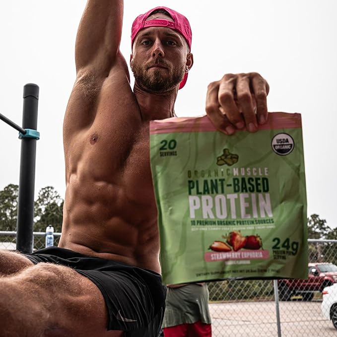 Organic Muscle Vegan Protein Powder - Plant Based Strawberry Multi-Sourced Protein Powder with Pea, Hemp, Brown Rice, Chia Seed & Amino Acids - Low Calorie for Muscle Growth & Speed Recovery