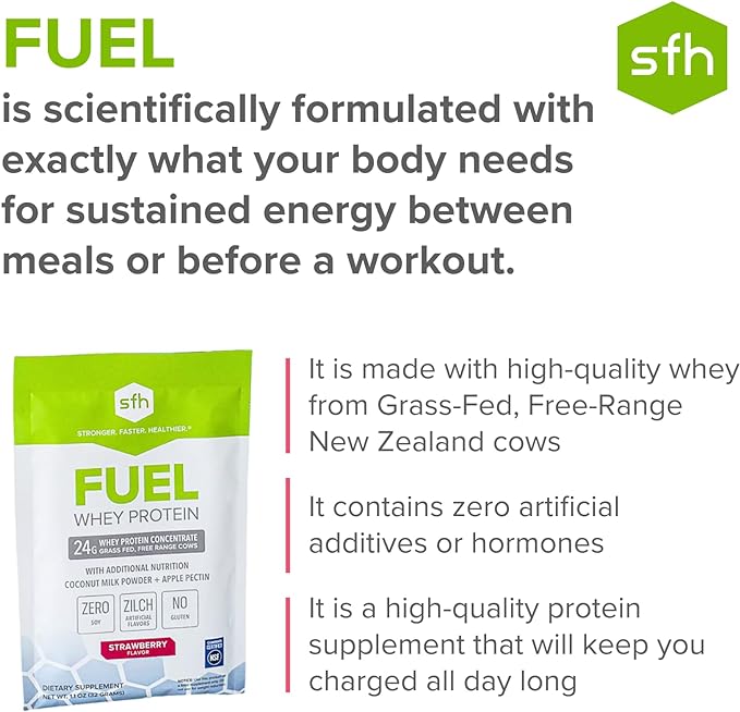 SFH Fuel Whey Protein Powder Great Tasting Grass Fed Whey | MCTs & Fiber for Energy | All Natural | Soy Free, Gluten Free, No RBST, No Artificial Flavors (Strawberry (1.6lb Bag))