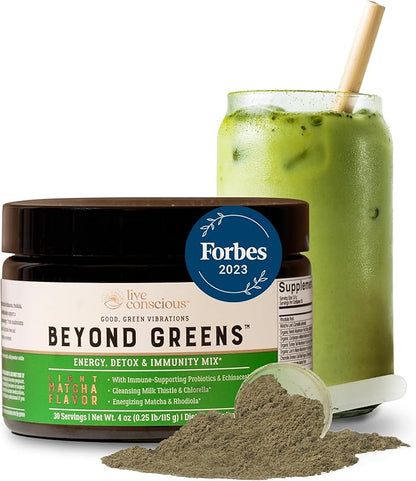 Live Conscious Beyond Greens Superfood Powder - Delicious Debloating Super Greens Powder - Matcha Greens Blend w/Chlorella, Echinacea, Probiotics for Immune Support & Energy