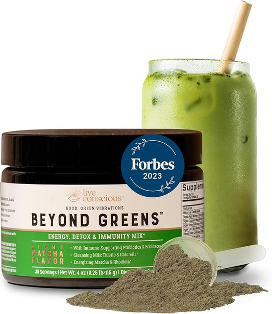 Live Conscious Beyond Greens Superfood Powder - Delicious Debloating Super Greens Powder - Matcha Greens Blend w/Chlorella, Echinacea, Probiotics for Immune Support & Energy
