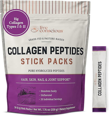 Live Conscious Collagen Peptides Powder Unflavored Packets - Hydrolyzed Collagen Powder - Hair, Skin, Nail, & Joint Support - Type I & III Grass-Fed Collagen Supplements for Women and Men - Pack of 20