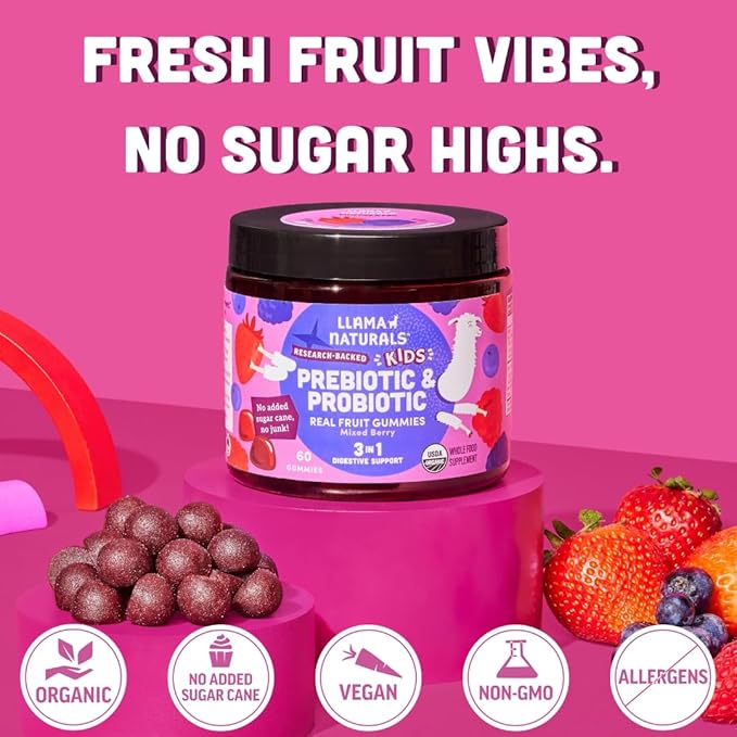 Llama Naturals Real Fruit Prebiotic & Probiotic Kids Gummies, No Added Sugar Cane, Children Digestion, Toddler Tummy Aches, Gut Health, 2B CFU, Mixed Berry, 120 ct (60-120 Days)