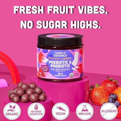 Llama Naturals Real Fruit Prebiotic & Probiotic Kids Gummies, No Added Sugar Cane, Children Digestion, Toddler Tummy Aches, Gut Health, 2B CFU, Mixed Berry, 120 ct (60-120 Days)