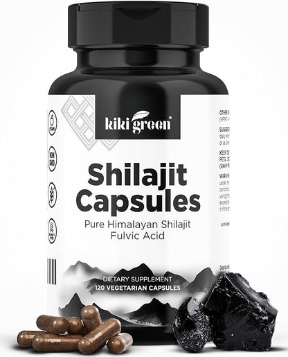 KIKI Green Shilajit Capsules - Shilajit Pure Himalayan Organic Supplement, 40% Fulvic Acid & Trace Minerals - 500 mg Pure Shilajit per Serving for Strength, Energy, Immunity - 120 Vegan Capsules