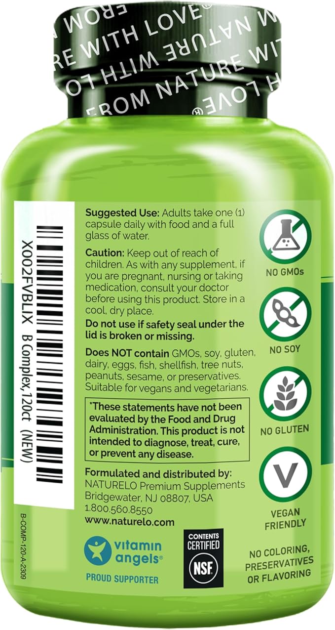 NATURELO Vitamin B Complex with Methyl B12, Methyl Folate, Vitamin B6, Biotin Plus Choline, CoQ10, and Fruit & Vegetable Blend - Supports Energy & Healthy Stress Response - Vegan - 120 Capsules