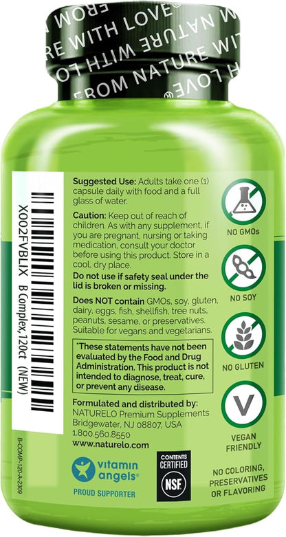NATURELO Vitamin B Complex with Methyl B12, Methyl Folate, Vitamin B6, Biotin Plus Choline, CoQ10, and Fruit & Vegetable Blend - Supports Energy & Healthy Stress Response - Vegan - 120 Capsules