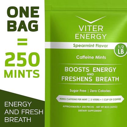 Viter Energy Caffeinated Mints 40mg Caffeine, B Vitamins, Sugar Free. (Spearmint, 8oz, Bulk Bag)