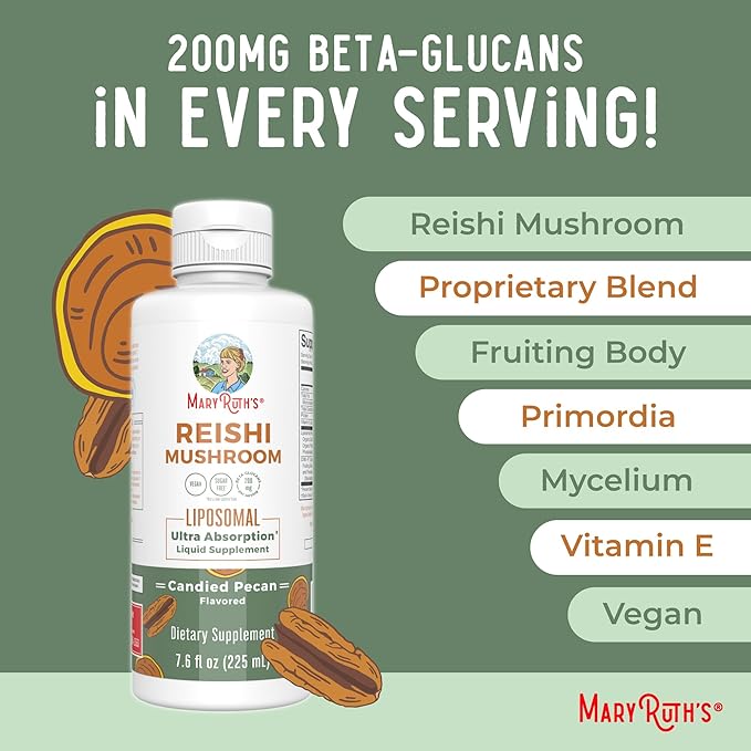 MaryRuth's Reishi Vegan Mushroom Supplement | Ultra Absorption Reishi Supplement Liposomal | Immune Support with 200mg Beta-Glucans, Vegan |Full Spectrum Reishi Mushrooms Fruiting Body | 7.6 oz,