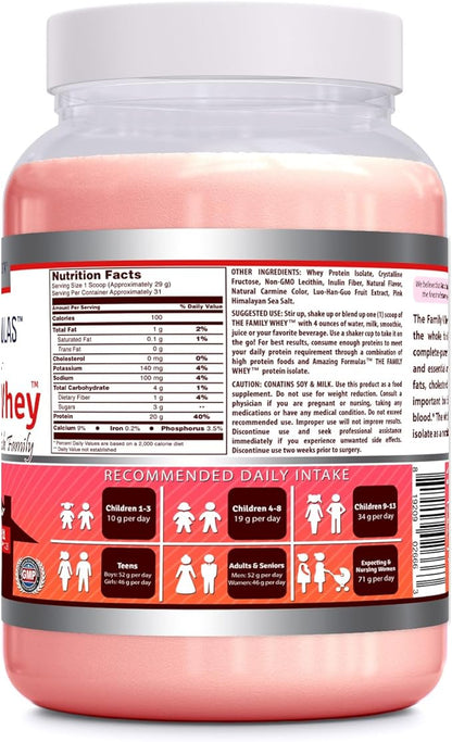 Amazing Formulas The Family Whey Protein (Isolate) Powder for The Whole Family - 2 lbs - Most Complete & Purest Form of Protein - Gluten Free (Strawberry)
