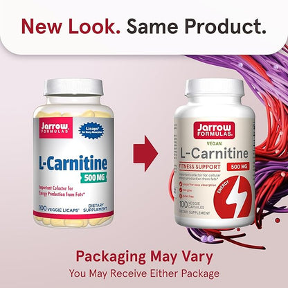 Jarrow Formulas L-Carnitine 500 mg - 100 Veggie Licaps - Important Cofactor for Energy Production (ATP) from Fats - Dietary Supplement - Vegan - Up to 100 Servings
