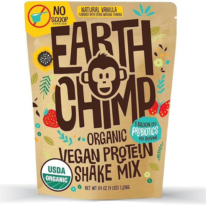 EarthChimp Organic Vegan Protein Powder - with Probiotics - Non GMO, Dairy Free, Non Whey, Plant Based Protein Powder for Women and Men, Gluten Free - 52 Servings 64 Oz (Vanilla) No Scoop