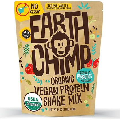 EarthChimp Organic Vegan Protein Powder - with Probiotics - Non GMO, Dairy Free, Non Whey, Plant Based Protein Powder for Women and Men, Gluten Free - 52 Servings 64 Oz (Vanilla) No Scoop