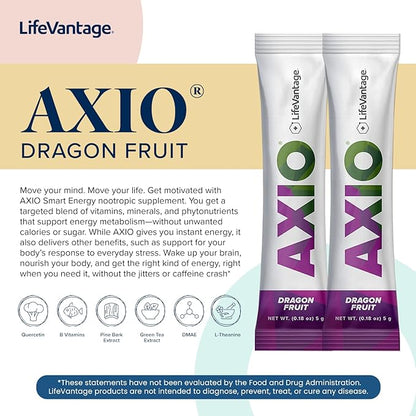 AXIO Regular Energy Drink Powder, Dragonfruit - 30 Drink Mix Packets, Instant Energy Powder, Energy Supplement in a Drink Mix, w/B Vitamins, DMAE, L-Theanine, Quercetin, Green Tea & Pine Bark Extract