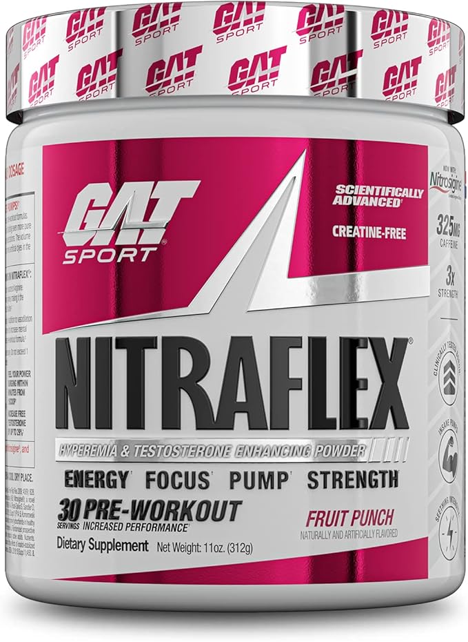 GAT SPORT Nitraflex Advanced Pre-Workout Powder, Increases Blood Flow, Boosts Strength and Energy, Improves Exercise Performance, Creatine-Free (Fruit Punch, 30 Servings)