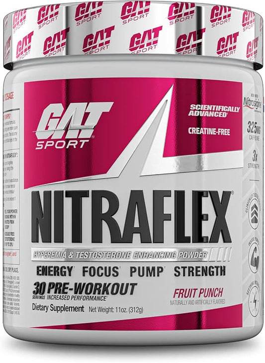 GAT SPORT Nitraflex Advanced Pre-Workout Powder, Increases Blood Flow, Boosts Strength and Energy, Improves Exercise Performance, Creatine-Free (Fruit Punch, 30 Servings)