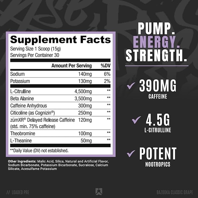 Ryse Loaded Pre Workout Powder Supplement for Men & Women | Pumps, Energy, Focus | Beta Alanine + Citrulline | 390mg Caffeine | 30 Servings (Bazooka Grape)