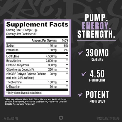 Ryse Loaded Pre Workout Powder Supplement for Men & Women | Pumps, Energy, Focus | Beta Alanine + Citrulline | 390mg Caffeine | 30 Servings (Bazooka Grape)