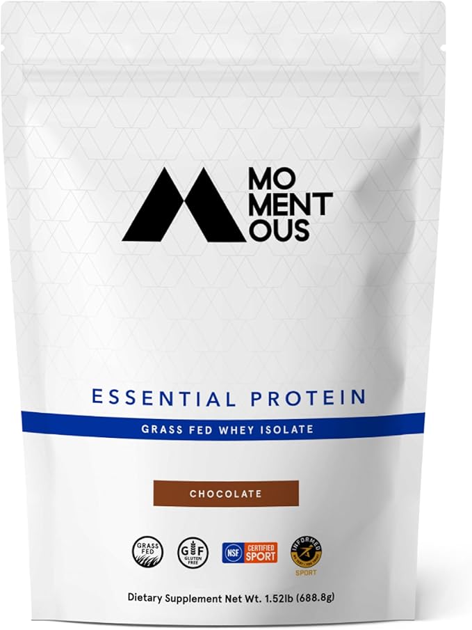 Momentous Essential Grass-Fed Whey Protein Powder - 20g Whey Isolate Protein - NSF Certified, Gluten-Free, 24 Servings for Essential Everyday Use, Chocolate (Package May Vary)