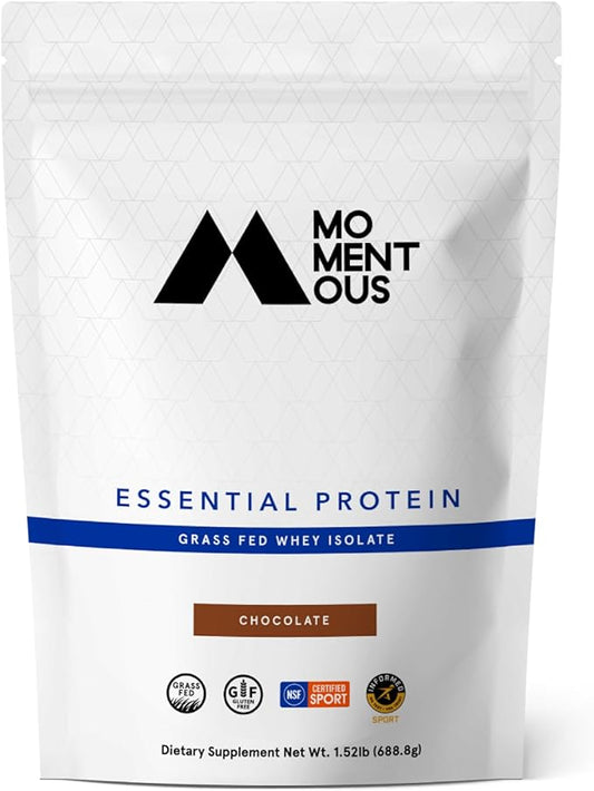 Momentous Essential Grass-Fed Whey Protein Powder - 20g Whey Isolate Protein - NSF Certified, Gluten-Free, 24 Servings for Essential Everyday Use, Chocolate (Package May Vary)