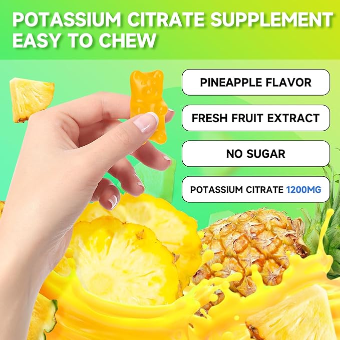 Potassium Citrate Gummies, High Potassium Supplement Gummies 1200mg Support Leg Cramps & Muscle Health, Potassium Gummies for Adults & Kids, Vegan, Pineapple Flavor 120 Count