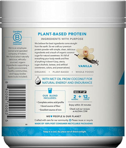 ALOHA Organic Plant Based Protein Powder, Stevia Free, Vanilla, 19.6 oz, 15 Servings PACKAGING MAY VARY