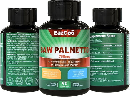 Saw Palmetto Supplement, Saw Palmetto Extract 750mg, with Lycopene, Pumpkin Seed Powder, for Men and Women,Non-GMOs & Gluten, Vegan, 90 Count Capsules