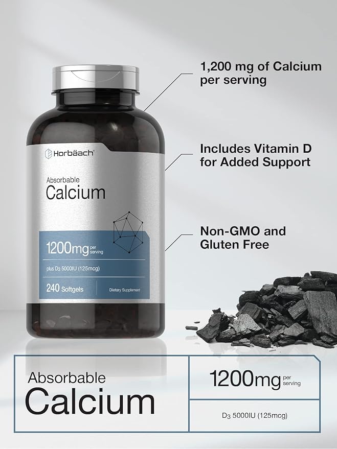 Horbäach Calcium 1200 mg with Vitamin D3 | 240 Softgels | 5000 IU Vitamin D3 | Absorbable Calcium Supplement | Non-GMO, Gluten Free Calcium Supplement