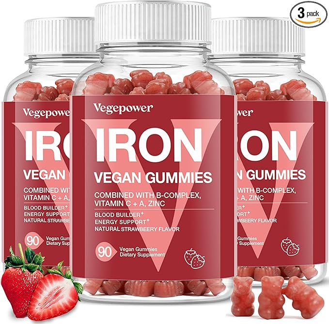 Iron Gummies Supplements for Kids & Women - Multivitamin with Iron for Blood Builder, Great Tasting Iron Gummy Vitamins with Vitamin C for Max Absorption - Strawberry (3 Packs)