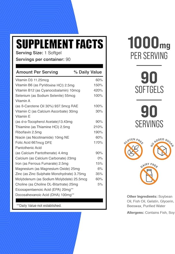 BulkSupplements.com Multivitamin for Women Softgels - Women's Multivitamin with Iron, Multimineral Supplement, with Fish Oil - Gluten Free, 1 Softgel per Serving, 90 Count (Pack of 1)