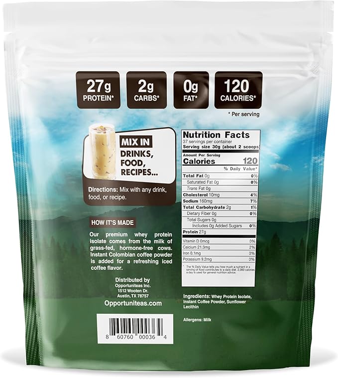 Opportuniteas Grass Fed Coffee Whey Protein Isolate Powder - 27g Protein Powder Without Artificial Sweeteners, Hormone-Free Cows, Non GMO - 2.5lb