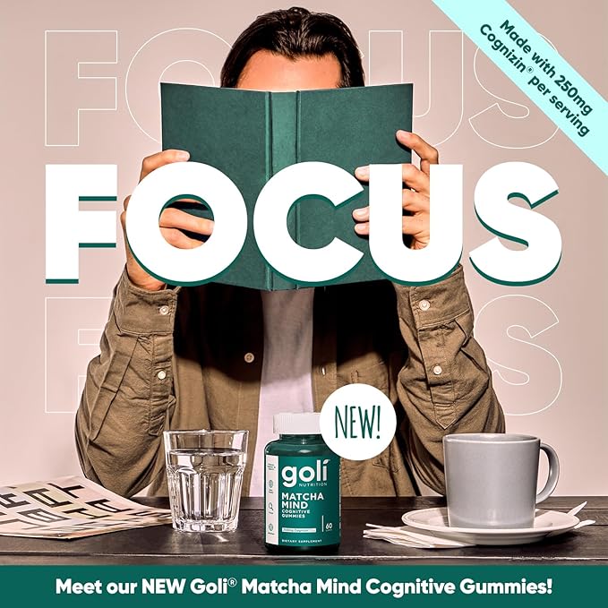 Goli Matcha Mind Gummies - 180 Count - Green Tea Leaves Powder with Cognizin for Focus, Attention and Brain Health, Vegan, Non-GMO, Gluten-Free & Gelatin Free.
