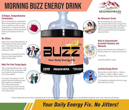Morning Buzz Energy Drink Powder - Energy Boost Drink Mix - Sugar-Free Energy with Antioxidants - Morning Kickstart and Sports Nutrition Endurance Product - 30 Servings, Peach Rita, 8 Ounces