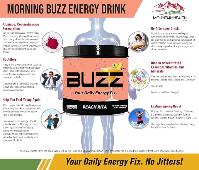 Morning Buzz Energy Drink Powder - Energy Boost Drink Mix - Sugar-Free Energy with Antioxidants - Morning Kickstart and Sports Nutrition Endurance Product - 30 Servings, Peach Rita, 8 Ounces