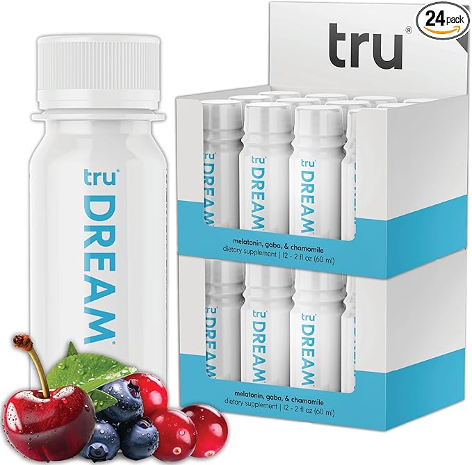 Tru Dream Shot, Cherry Berry Flavored Deep Sleep Aid Shots - Zero Sugar Calm Sleep Drink plus Melatonin, GABA, Chamomile - Caffeine Free, GF, Keto, Natural Flavors, Vegan Supplement, 2oz (Pack of 24)