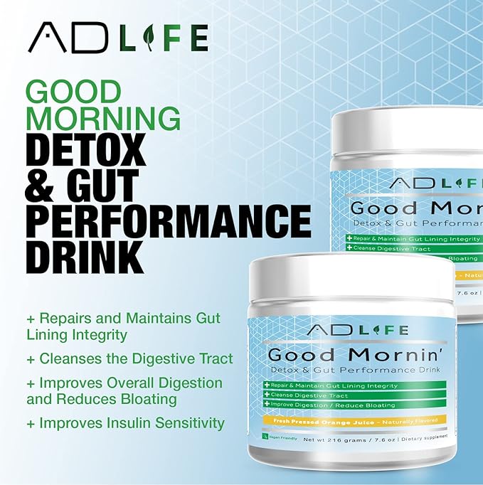 Project AD Life Good Morning Detox and Performance Drink, Naturally Flavored and Formulated with L-GLutamine, Apple Cider Vinegar, and Aloe Vera (24 Servings, Fresh Pressed Orange Juice)