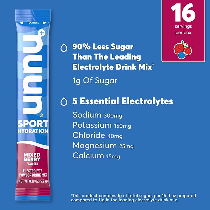 Nuun Sport Electrolyte Powder Packets - Mixed Berry Flavor | 5 Essential Electrolytes for Hydration | Easy Open Drink Mix with Magnesium | 1g Sugar | Non GMO, Vegan | 16 Single Serving Sticks