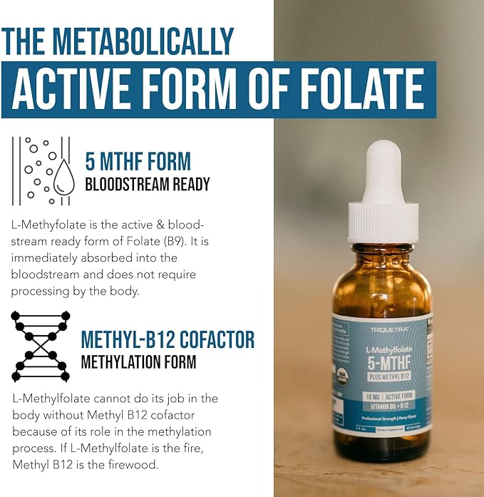 L Methyl Folate 15mg Plus Methyl B12 Cofactor – Organic, Berry Flavor, Professional Strength, Liquid Sublingual, Active 5-MTHF Form - Supports Mood, Homocysteine Methylation, Cognition (1oz)